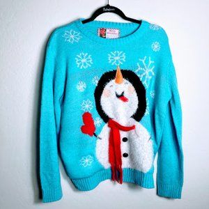 Merry Christmas Ugly Sweater Snowman Blue M